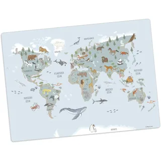 Tischset | Platzset abwaschbar -„Weltkarte Tiere in deutsch aus Premium Vinyl - 44x32 cm – rutschhemmend, abwaschbar - Made in Germany (Weltkarte blau)
