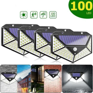 4er Pack Solarlampe mit Bewegungsmelder, 100 LED, 3 Betriebsmodi, IP65 Wasserdicht | Solare Solar Gartenleuchten für Garten, Zaun, Terrasse, Einfahrt - Schwarz