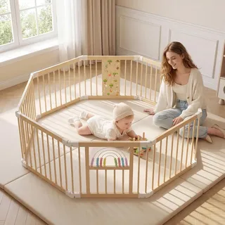 BLEKOO Laufstall Baby Holz mit Spielcenter – 140 x 140 cm Laufstall Baby Faltbar | Verstellbarer Holzlaufstall mit Spielzeug & Tor (8-teilig)