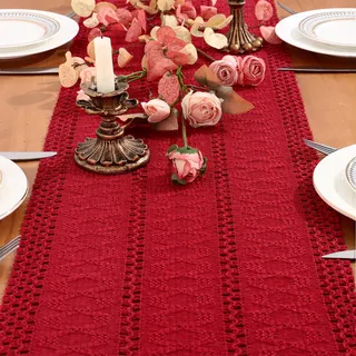 Dremisland Tischläufer Weihnachten 30x180cm Makramee Tischläufer Rot Bauernhaus Baumwoll Tischdecke Weihnachtstischläufer Mesh Table Runner Tischdeko Weihnachtsdeko Tisch für Feiertage Esstisch