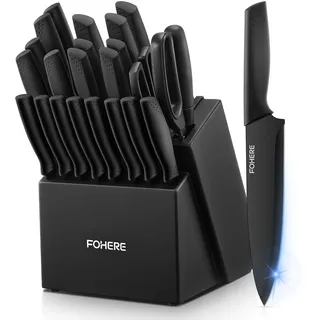 FOHERE Messerblock mit Messer 23 teilig Messerblock Set mit integriertem Schärfer Kochmesser Set Edelstahl mit Geflügelschere, Käsemesser und Ausbeinmesser, Schwarz
