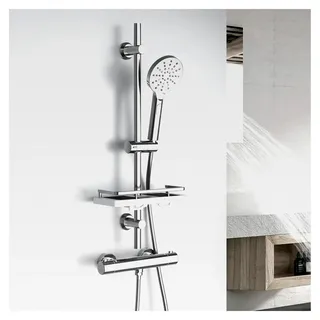 Duschset mit Duschablage und Seifenschale, Edelstahl, wassersparendes Brausestangeset 0,7 m mit Duschkopfhalterung und Schlauch für das Badezimmer, rund, Chrom