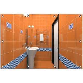 Wallario Outdoor-Poster für Garten oder Balkon, Motiv Modernes Badezimmer in orange mit blauen Fliesen, in ca. 80 x 120 cm - Braun