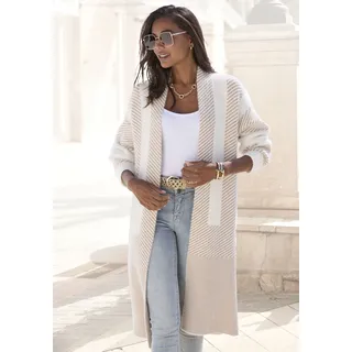 Longstrickjacke LASCANA "aus flauschigem Strick mit grafischem Muster", Damen, Gr. 40/42, beige (creme, beige), Strick, Obermaterial: 50% Polyamid, 30% Viskose, 20% Polyester, gemustert, figurumspielend kniebedeckend, ohne Ausschnitt, Strickjacken Longstrickjacke, Oversize Strickjacke, langer Cardigan, Strickjacke in langer Form, Topseller