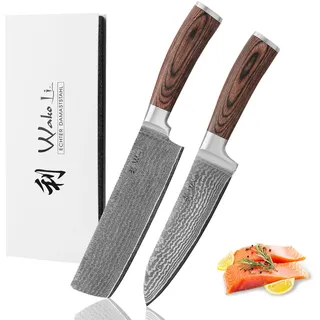 Wakoli EDIB 2-teiliges Damast Küchenmesser Set – Messerset mit Santoku & Nakiri aus echtem Damaststahl (VG10 Kern) – Scharf & ergonomisch – Damastmesser Set mit Pakkaholzgriffen in Geschenkbox