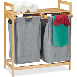Relaxdays Wäschekorb mit Ablage, 2 Fächer, 2x 30 l Wäschesäcke, Bambus Ausziehwäschekorb HBT 73 x 64 x 33 cm, natur/grau,