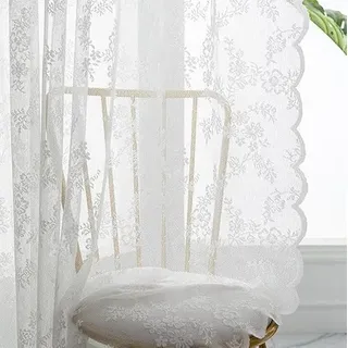 Floral Lace Sheer Curtains White 63" Length Vintage Rose Embroidered Window Voile Drapes for Kids Bedroom Flower Privacy & Light Filtering Grommet Top Curtain Panels for Balcony, 55" W Set of 2