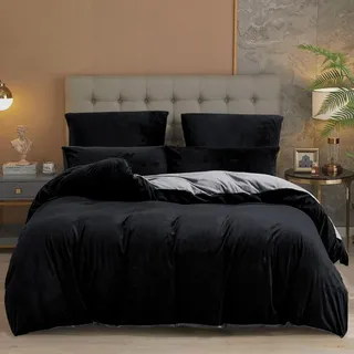 Damier Winter Bettwäsche 155x220 Plüsch Schwarz Grau Uni Einfarbig Cashmere Touch Bettwäsche 3 Teilig Kuschelig Flauschig Fleece Wende Bettwäsche Set mit Reißverschluss und 2 Kissenbezüge 80x80 cm
