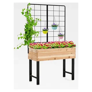Hochbeet mit Spalier, Blumenbeet mit Drainagespalten, Pflanzkasten aus Holz, Blumenkasten mit Rankgitter für Kletterpflanzen, Garten Balkon Terrasse, Metallrahmen, 79 x 35 x 138 cm