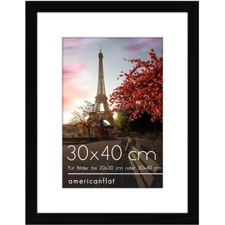 Americanflat 30x40 cm Bilderrahmen aus MDF-Holz mit 20x30 cm Passepartout - 40x30 cm Fotorahmen mit Plexi-Scheibe und integrierter Aufhängung für Hoch- und Querformat - Schwarz