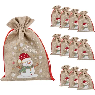 IDENA 90417 - Stoffbeutel ca. 22 x 32 cm, 12 Stück, Säckchen mit Schneemann-Motiv, Weihnachtssack mit roter Kordel, Geschenkbeutel für Weihnachten, Braun