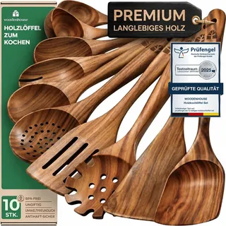 Kochlöffel Holz Set 10-teilig aus Teakholz, Holzlöffel und Pfannenwender | Leicht und hitzebeständig, schonend zu Antihaftbeschichtungen und Kochgeschirr; langlebig und mühelos zu reinigen