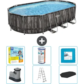 Bestway Oval Power Steel Swimmingpool – 610 x 366 x 122 – Grau – inklusive Pumpe – Leiter – Abdeckung Wartungspaket - Filter - Bodenfliesen