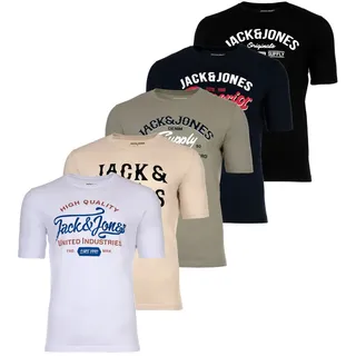 JACK & JONES JACK&JONES Herren T-Shirt, 5er Pack - JJLEOGRA TEE CREW NECK, Kurzarm, Rundhals, Baumwolle, Logo-Print Schwarz/Weiß/Blau/Grün/Beige L