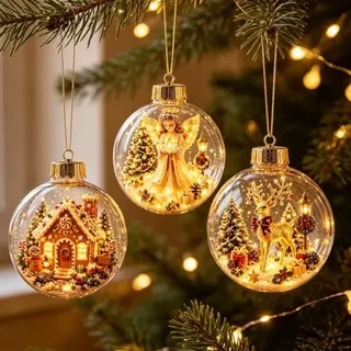 3er Weihnachtskugeln Beleuchtet, Acryl Weihnachtsdeko Kugeln mit Licht (C) | 8cm LED Christbaumkugeln Weihnachtsbaum Deko Baumkugeln Weihnachten Baumschmuck Weihnachts Kugel mit Mini Weihnachtsszenen