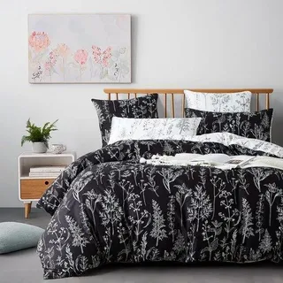Famanu Bettwäsche 155 x 220 cm Schwarz Weiß Blätter Blumen Muster - Umkehrbar - Schwarz