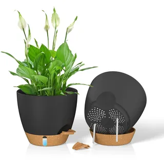 ZMTECH 20 cm Blumentöpfe mit Untersetzer, Kunststoff Übertöpfe mit Selbstbewässerung, Pflanzkübel mit Wasserstand für Innen/Außen (2er-Set, Schwarz)