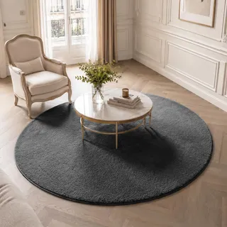 VOUNOT® Teppich Wohnzimmer rund Ø 160 cm, mit rutschfeste Rückseite & Antirutschmatte, Kuscheliger Kurzflor Flauschig Teppiche Gegend für Schlafzimmer Kinderzimmer Esszimmer, Anthracite