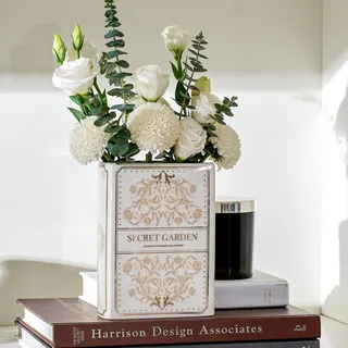 DN DECONATION Buchvase Keramik Deko, Weiß und Gold Büchervase Kleine, Blumenvase Buchförmige Retro für Bücherregal, Büro, Tischdeko, Geschenk für Buchliebhaber