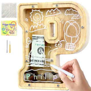 Lakpopya Spardose für Kinder Jungen Mädchen Sparschwein Kinder Spardose Personalisiert Durchsichtig Spardose Buchstabe Holz A-Z mit Zielbereich & Aufkleber & Marker, Taufe Geschenk Dekoration (P)