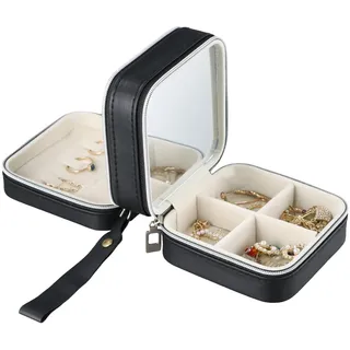 Daelesr Kleine Schmuckschatulle Tragbares, Mini Schmuckaufbewahrung Doppelschicht, Schmuckbox Damen Wasserdicht, Reise-Schmuck-Aufbewahrungsbox PU-Leder für Ohrringe, Ringe, Halsketten, Schwarz