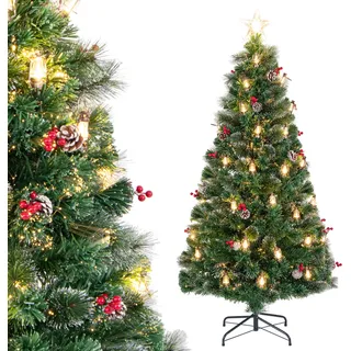 COSTWAY 180cm Weihnachtsbaum künstlich mit Tannenzapfen, Petroleumlampen & roten Beeren, Tannenbaum mit LEDs, 8 Modi, Glasfaser & Sternspitze, Grün - Grün, Weiß