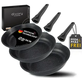 DIVORY Pfannenset 3-teilig (20/24/28 cm) – Bratpfannen Set Antihaftbeschichtung & abnehmbaren Griffen, frying pan, Für alle Herdarten geeignet, Induktion – Inkl. Pfannenschoner – Frei von PFOA & PFOS