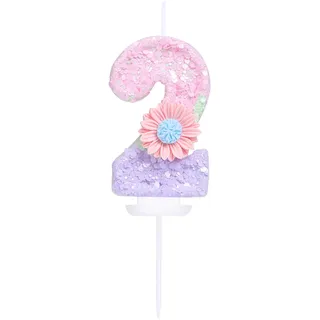 EAKE Geburtstagskerze mit Blume, Zahl 2, Macaron-Glitzer, 2 Kerzen, Geburtstag, Mädchen, Frauen, süßes Thema, 2. Geburtstag, Hochzeit, Jahrestag, Party, Kuchendekoration, Dekoration