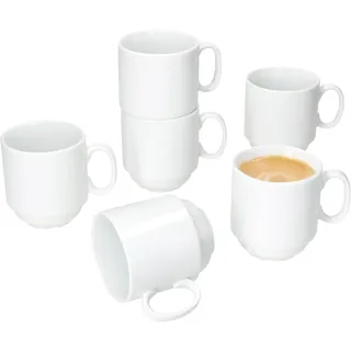 MamboCat Tommy 6er Set Kaffeebecher I 220 ml I weiße Porzellan-Becher mit Henkel für 6 Personen I stapelbare Tassen für Heißgetränke wir Tee, Kakao, Latte Macchiato & Co I Kaffee-Geschirr