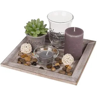 Dekorative Tischdekoration mit Teller und 2 Teelichthaltern und Kerzen – Set mit dekorativen Steinen, aus Holz und Glas, 20 x 20 cm, Braun, für Arbeitszimmer, Schlafzimmer, Wohnzimmer