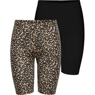 Radlerhose ONLY "ONLLIVE – Bikershorts im Doppelpack mit elastischem Bund", Damen, Gr. L (40), N-Gr, schwarz (schwarz pack:gingerroot tikkie leo), Jersey, Obermaterial: 95% Baumwolle, 5% Elasthan, bedruckt, unifarben, slim fit, Hosen Radlerhose, modisch, Jersey, slim fit, Baumwollmischung