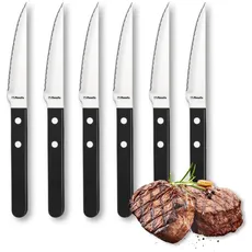 Amefa Pizza 7000 Steakbesteck, 6 x Steakmesser, Messer mit Wellenschliff für 6 Personen, Klingenstahl 13/0, Schwarze genietete Kunststoff-Griffe, Für Steak, Fleisch und Pizza