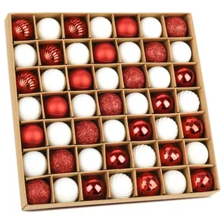 GESDYO 49 Stück Christbaumkugeln Set Rot Weiß 3 cm Weihnachtskugeln aus Plastik mit Aufhänger Bruchsichere Weihnachtsbaum Dekorationen für Hochzeit Party Saisonale Dekokugeln mit sortierten