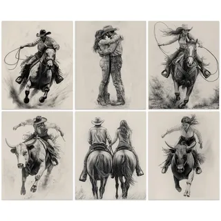SUPERDANT Western Skizzenszene Wandkunst Poster Western Cowboy Drucke Poster Cowboy Copules Wandbilder Cowgirl Wandkunstdrucke 6 Stück/Set Für Schlafzimmer Wohnzimmer Ungerahmt