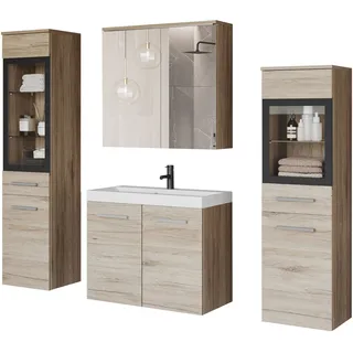 Badmöbel-Set WELLTIME "MADRIT II, Schrank mit Waschbecken, 2 Hänger, Spiegelschrank", braun (eiche san remo), B:120,4cm H:131,5cm T:34,5cm, Holzwerkstoff, Kastenmöbel-Sets, Badmöbel-Set, Hängende Badmöbel mit Glaseinsätzen – in vielen Farben erhältlich