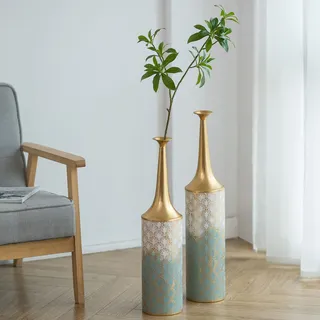 Sziqiqi Extra Große Bodenvase - 66/60cm Vintage Hohe Boden Vase Set von 2 Gross Blau Farmhouse Blumenvase für Wohnzimmer Metall Schmale Hals Vasen für Pampas Gras Künstliche Pflanzen Zweige