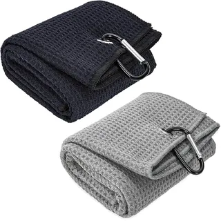 MoonSing Gefaltetes Golfhandtuch, 2 Stücke Tri-Fold Sporthandtuch Mikrofasertuch Golfhandtücher Waffel Muster Golf Towel Tuch mit Karabiner für Fitness Sport Yoga Laufen Fahrrad Camping Gym(60x40cm)