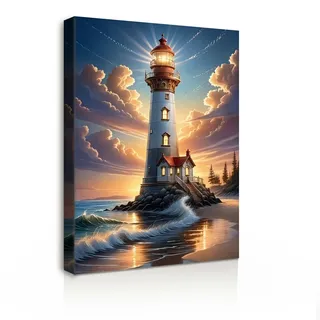 Leinwand Bilder mit Rahmen Wandbild 30x40 cm Leuchtturm am Strand Kunstdruck auf Leinwand Strandbilder auf Leinwand für Wohnzimmer oder Schlafzimmer Wandbilder Modern mit Haken und ohne Spuren Nägeln