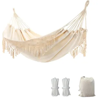 Hängematte Outdoor Boho Hängematte 2 Personen, Tragfähigkeit bis zu 204kg, tragbar mit Tragetasche für Patio Garten Hof Indoor - Beige