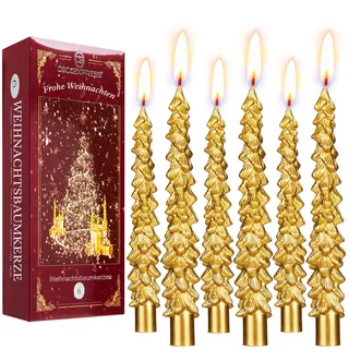 Deco Express Kerzen Set Weihnachten Deko 3er oder 6er Pack Wachs Deko Kerzen im Weihnachtsbaum Motiv 7h Brenndauer Ideal Zum Verschenken (Gold, 6 Stück)
