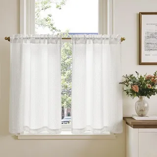 TOPICK Blickdicht Scheibengardinen Küche Weiß Bistrogardine mit Tunnelzug Gardinen mit Waffel Muster Lichtdurchlässig Küchengardinen für Kleine Fenster Verdunkelung Landhaus 2er Set H90xB65 cm