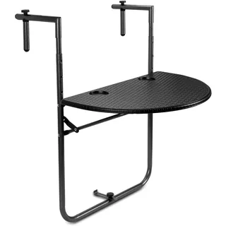 TolleTour Balkonhängetisch, Balkontisch zum Hängen, Hängetisch klappbar Beistelltisch Gartentisch, Klapptisch mit 3 Höhen, 2 Tassenhalterungen, in Rattan-Optik, 60x40 cm Schwarz - Schwarz
