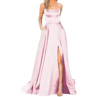 Abendkleid Damen Lang Satin Kleid Ballkleider Brautjungfernkleider Abschlussballkleid Langes Elegant Dress Brautkleid Mit Schlitz Hochzeitskleid Backless
