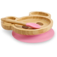 GREENBOX Bambus-Teller-Set Maus I Saugnapf-Teller mit Löffel - FSC-zertifiziert I süßes Bambus Holz-Schüssel-Set Kleinkind - Kinder-Teller & Snack-Schale I Baby Bambus-Geschirr pink