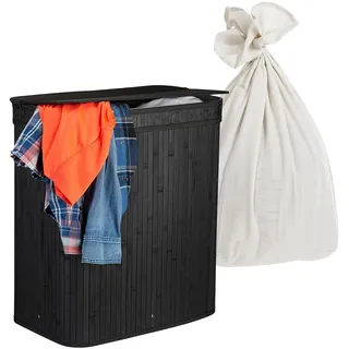Relaxdays Wäschekorb mit Deckel, 2 Fächer, Bambus, 100 l, faltbar, HxBxT: 60 x 52 x 32 cm, Wäsche Sortiersystem, schwarz