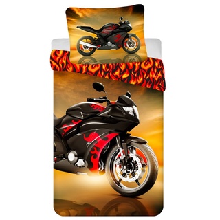 Jerry Fabrics Kinder Bettwäsche Set mit Wendemotiv Motorrad Schwarze Rennmaschine mit roten Flammen, Bettdeckenbezug 140x200 cm, Kopfkissenbezug 70x90 cm, 100% Baumwolle mit Reißverschluss