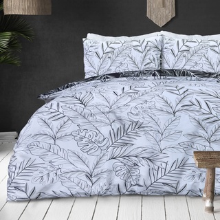 Sleepdown Bettwäsche-Set mit tropischen Palmen, Blumenmuster, wendbar, weich, pflegeleicht, 260 x 220 cm, Weiß/Schwarz