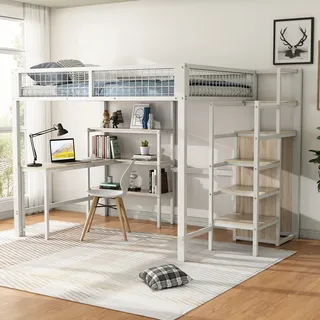 Flieks Etagenbett 140x200cm mit Schreibtisch und Bücherregal, Hochbett mit Kleiderschrank, Kinderbett Metallbett mit Lattenrost, Doppelbett Weiß - Weiß
