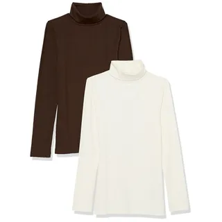 Amazon Essentials Damen Langärmliges Rippstrick-Lagen-Top mit Rollkragen in schmaler Passform (erhältlich in Übergrößen), 2er-Pack, Espresso/Weiß, M