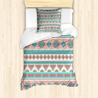 ABAKUHAUS Stammes Mantele, Aztec Art Style, Milbensicher Allergiker geeignet mit Kissenbezügen, 135 cm x 200 cm - 80 x 80 cm, Creme Aqua-und Pfirsich - Creme